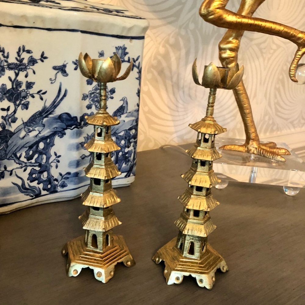 Vintage Chinese Chinoiserie Brass/ Bronze Pagoda Candlestick Holders